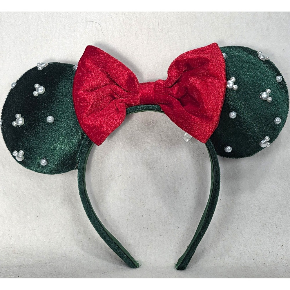Disney Parks Minnie Mouse Ears Christmas Headband Green Ears Red Bow Pearl Beads